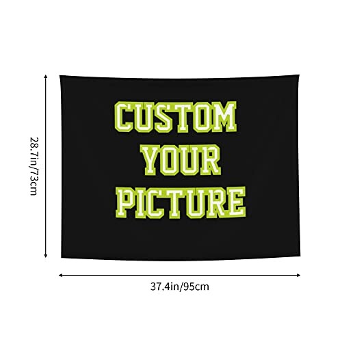 Customizable wall tapestry with text and dimensions.