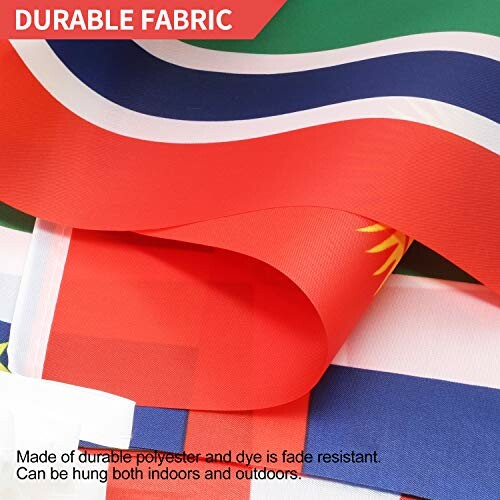 Close-up of colorful durable fabric flags with fade-resistant polyester.