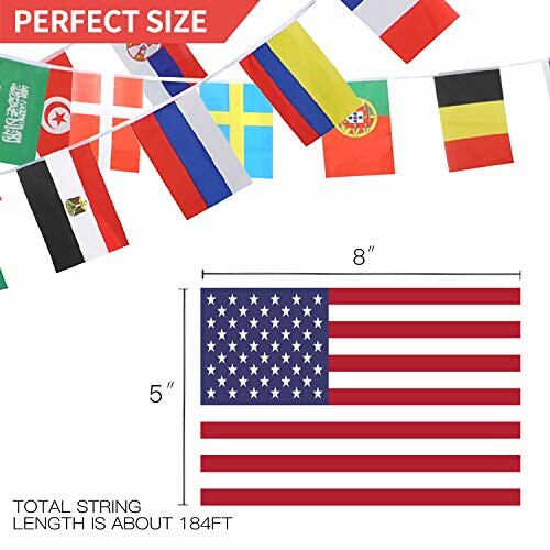 String of international flags with focus on the USA flag dimensions.