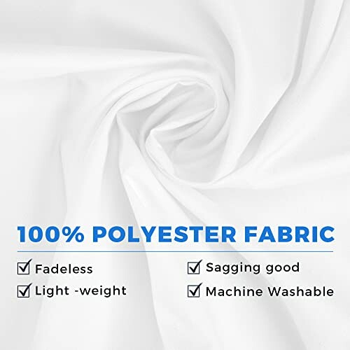 Close-up of white polyester fabric with text highlighting features: fadeless, lightweight, sagging good, machine washable.